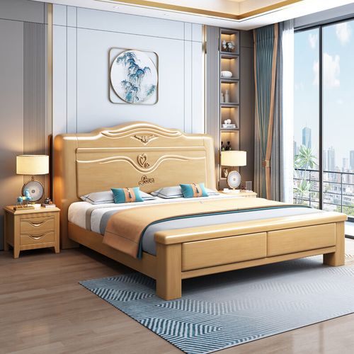 8米双人床现代中式婚床2m主卧床橡木储物大床工厂直销 单床(胡桃色)